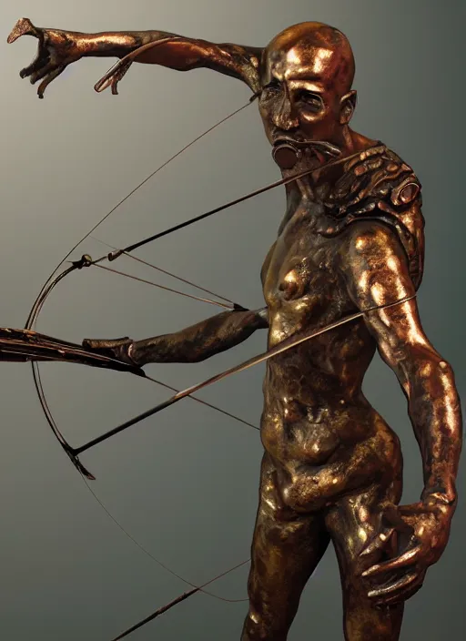 Image similar to An epic fantastic realism comic book style painting of a distressed bronze archery sculpture from the future by Stanislaw Szukalski, gilded colorful marbled paper background, winged archer, perfect shiny iridescent silver spheres, fisheye lens, unreal 5, DAZ, hyperrealistic, octane render, dynamic lighting