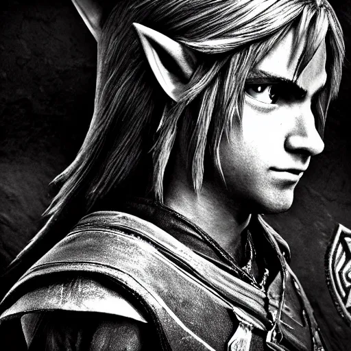 Prompt: Link in Hyrule, hyperrealistic photography, dark, moody 35mm 4k imax ultra high resolution graphics