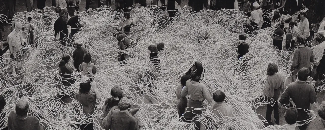 Image similar to hippies standing on a stage made of spaghetti protesting the war, 1 9 6 0's, muted, canon 5 0 mm, cinematic lighting, photography, retro, film, kodachrome