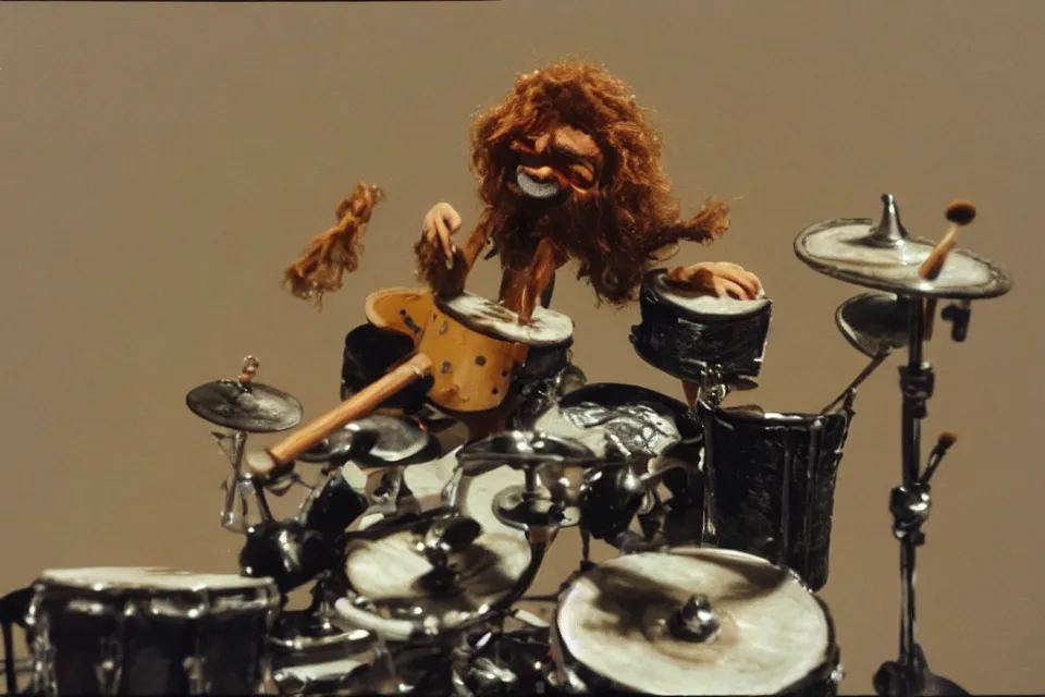 Image similar to a claymation film still of a curly long hair drummer playing the drum set. claymation by bruce bickford