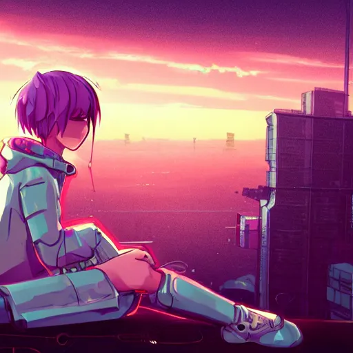 Prompt: android mechanical cyborg anime girl child overlooking overcrowded urban dystopia sitting. Pastel pink clouds baby blue sky. Gigantic future city. Raining. Makoto Shinkai. Wide angle. Distant shot. Purple sunset. Sunset ocean reflection. Pink hair. Pink and white hoodie. Cyberpunk. featured on artstation. robotic knee.