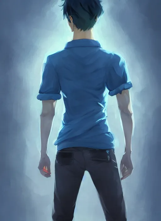 Prompt: handsome young man with short black hair, male, dressed in blue, looking down, half body shot, arms down, path traced, highly detailed, high quality, digital painting, posuka demizu