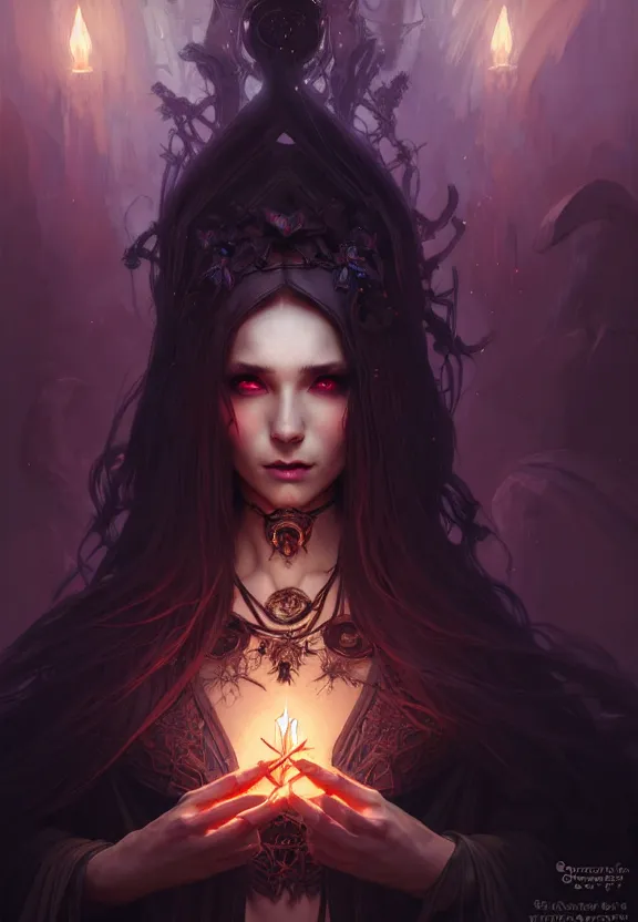 Image similar to Necromancer Sorceress in center, fantasy magic, undercut hairstyle, dark light night, intricate, elegant, sharp focus, illustration, highly detailed, digital painting, concept art, matte, art by WLOP and Artgerm and Greg Rutkowski and Alphonse Mucha, masterpiece