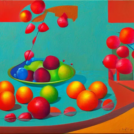 Image similar to by liu ye iron, turquoise swirling. a still life of fruit on a table. the fruit is arranged in a pyramid shape, with the largest pieces of fruit at the bottom & the smallest pieces of fruit at the top. the colors are bright & the experimental art has a lot of texture.