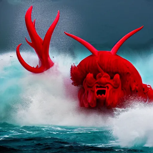 Image similar to a devilish red monster with horns emerging from boiling rough seas, photo by david lachapelle, s - 5 0