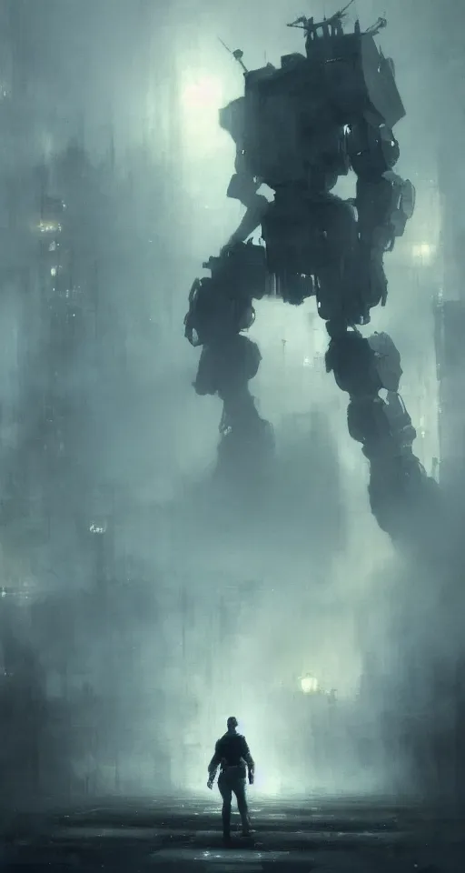 Prompt: a painting by jeremy mann, a giant robot, silhouette of a small man below, ominous, ethereal, misty, volumetric fog, beautiful specular illumination, dynamic, artstation, octopath traveler, by tuomas korpi, unreal engine 5, 8 k