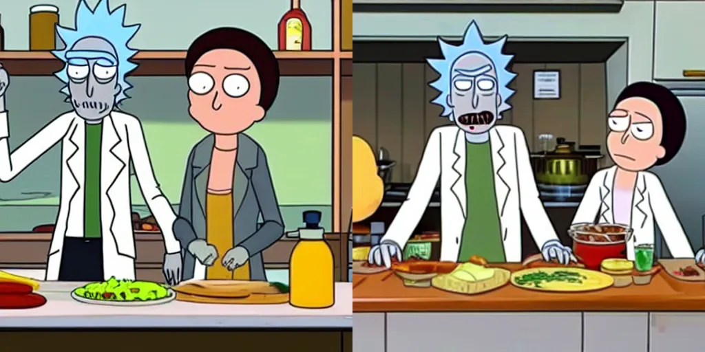 Prompt: rick and morty go cooking in a kitchen