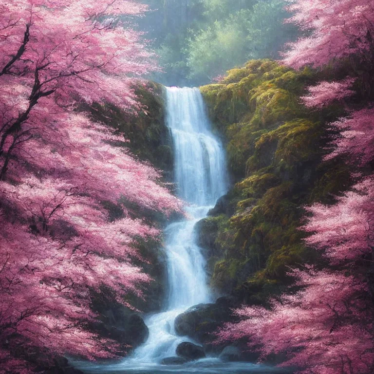 Prompt: A beautiful oil painting of a very tall waterfall on a very rocky cliff, in the middle of a huge forest of cherry blossom trees with bright pink glowing leaves, by Greg Rutkowski