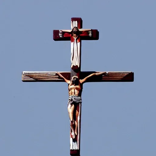 Image similar to jesus crucifixes on top of a fighter jet