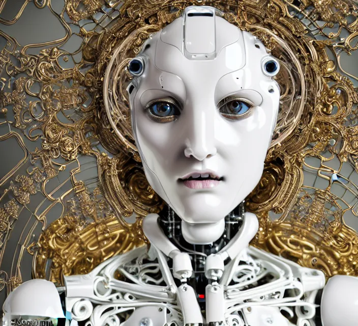 Image similar to beautiful cybernetic baroque robot, beautiful baroque porcelain face + body is clear plastic, inside organic robotic tubes and parts, symmetric, front facing, wearing translucent baroque rain - jacket + symmetrical composition + intricate details, hyperrealism, wet, reflections + by alfonse mucha and moebius, no blur dof bokeh