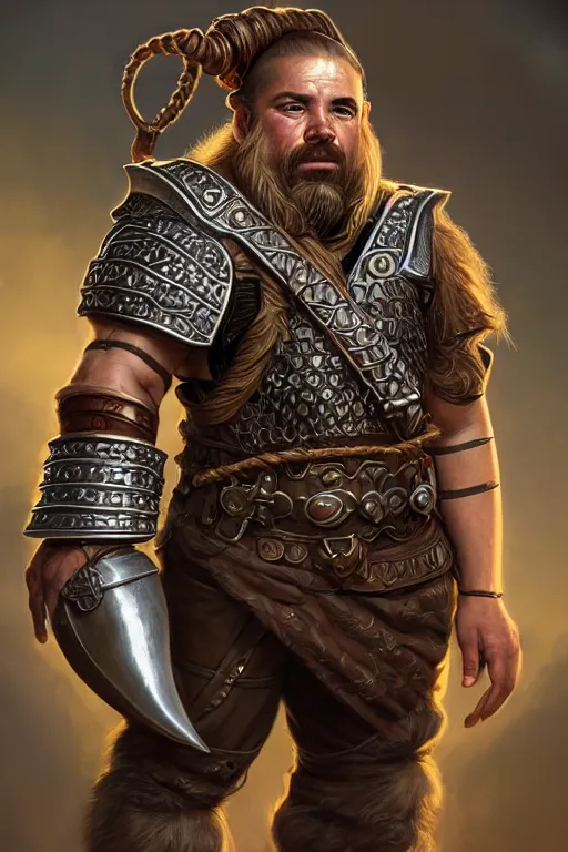 Prompt: attractive male dwarf warrior with a braided goatee wearing chainmail armor and helmet, character portrait, concept art, intricate details, highly detailed photorealistic portrait in the style of brom and greg rutkowski and seseon yoon, digital art, realistic painting, dnd, character design, trending on artstation