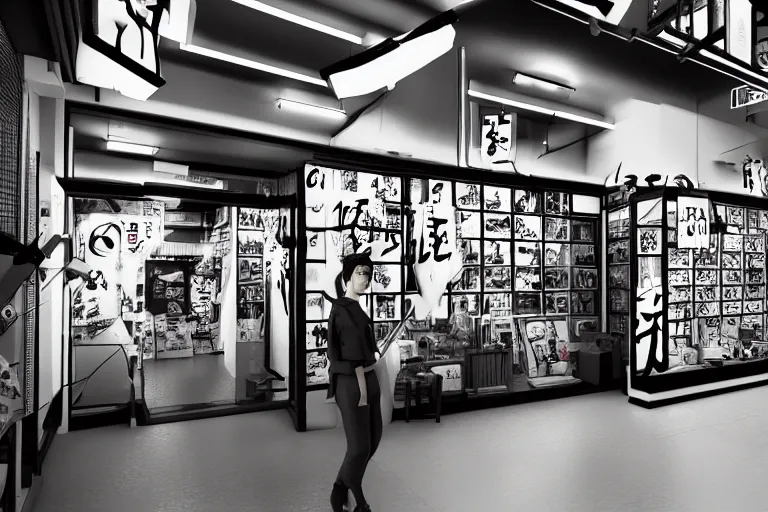 Image similar to still photo of a japanese street anime shop, black and white color aesthetic, highly detailed, photorealistic portrait, bright studio setting, studio lighting, crisp quality and light reflections, unreal engine 5 quality render