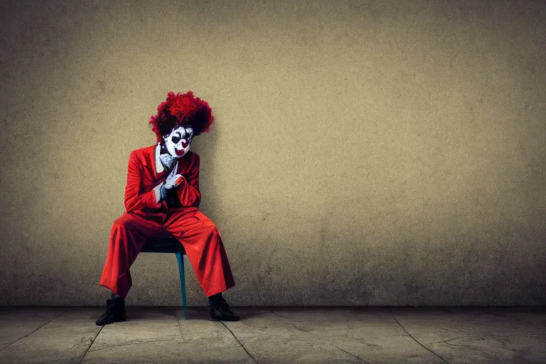 Prompt: photo of a clown staring at a distant crowd, isolated, depressing, moody, nostalgic, dramatic, 8 k uhd