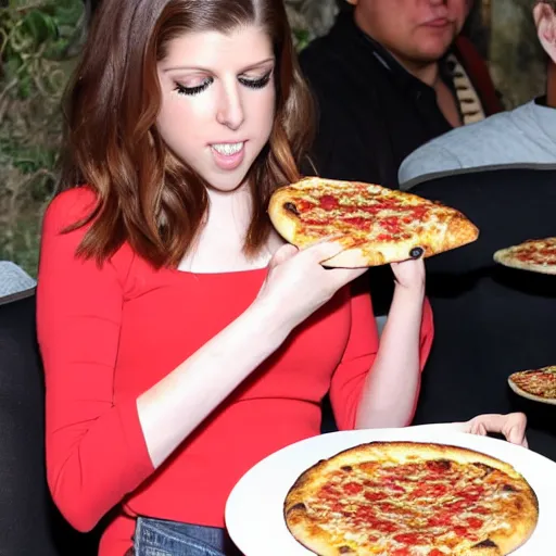 Image similar to paparazzi photo of Anna Kendrick eating two pizzas at once