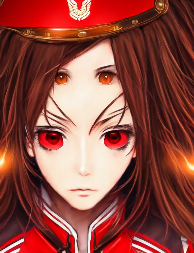 Image similar to a detailed manga portrait of a beautiful brown haired woman in a military uniform glowing with swirling red energy, trending on artstation, digital art, 4 k resolution, detailed, high quality, sharp focus, hq artwork, coherent, insane detail, character portrait