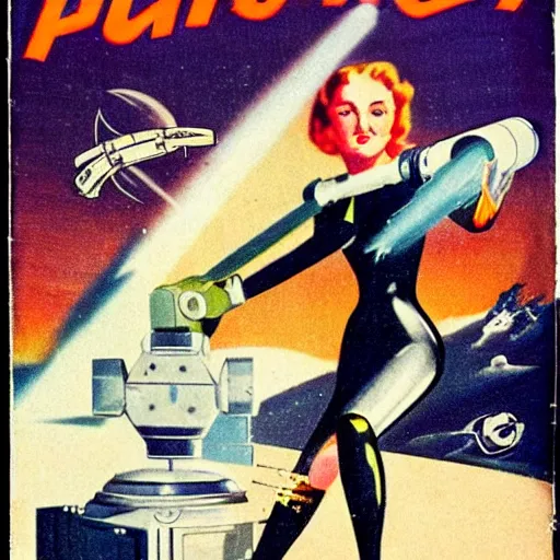 Image similar to A 1930s pulp sci-fi book cover depicting a woman in a space suit shooting a raygun, retrofuturism