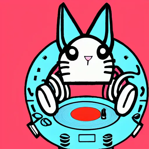 Image similar to svg sticker of a Dancing-Cat, at a rave, spinning records, giant headphones rocking out, wearing headphones, huge speakers, dancing, rave, DJ, spinning records, digital art, amazing composition, rule-of-thirds, award-winning, trending on artstation, featured on deviantart