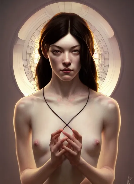 Image similar to symmetry portrait of stoya, intricate, elegant, highly detailed, digital painting, artstation, concept art, smooth, sharp focus, illustration, art by artgerm and greg rutkowski and alphonse mucha, 8 k