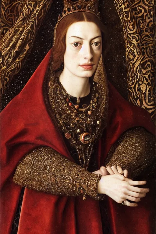 Image similar to stunning portrait of anne hathaway, oil painting by jan van eyck, northern renaissance style, oil on canvas, wet - on - wet technique, realistic, expressive emotions, detailed textures, illusionistic detail