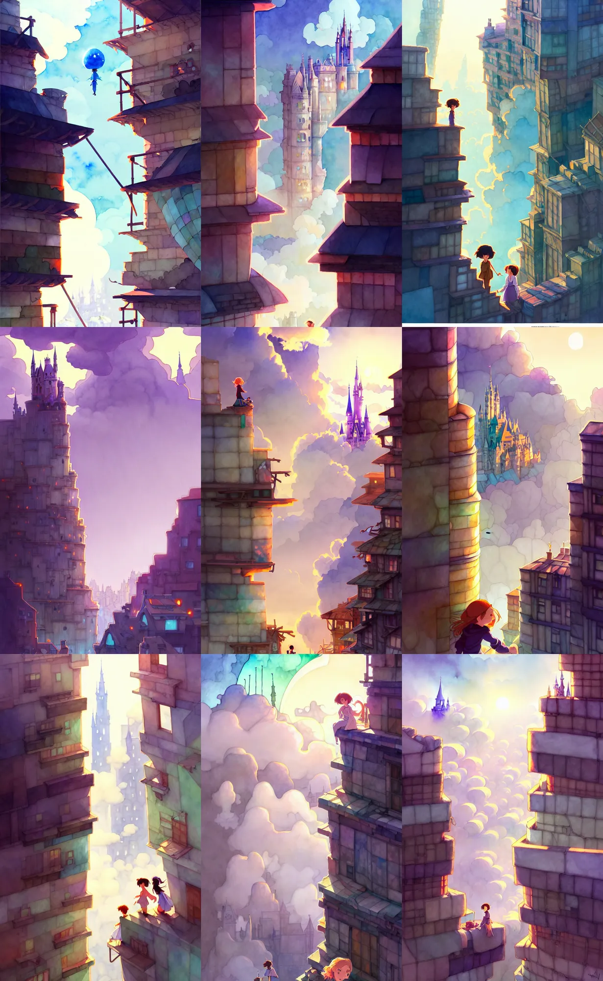 Prompt: a wholesome animation key shot, thin wizard towers of ancient masonry scaffolding, cracks, rubble, makeshift houses, rise above clouds, studio ghibli, pixar and disney animation, sharp, disney concept art watercolor illustration by mandy jurgens and alphonse mucha and alena aenami, cold color palate, bloom, dramatic lighting