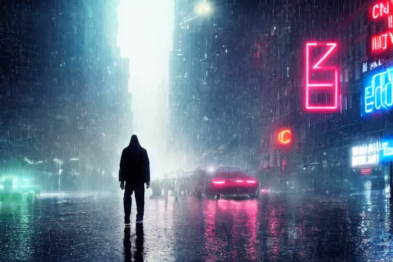 Prompt: a cinematic photograph of jesus walking through a dystopian city street whilst a large group of cyber tech robots follow, rain falls, neon advertisement light up the street, ultra realistic, high definition