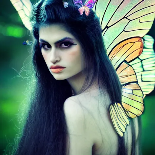 Prompt: portrait by bella kotak, gia carangi as a beautiful fairy, translucent butterfly fairy wings, a forest clearing in the background, luminescent holographic colors, otherworldly, high fantasy art, soft glow, iridescent colors, ethereal aesthetic, intricate design, fae elements, detailed shiny hair, whimsical, atmospheric,