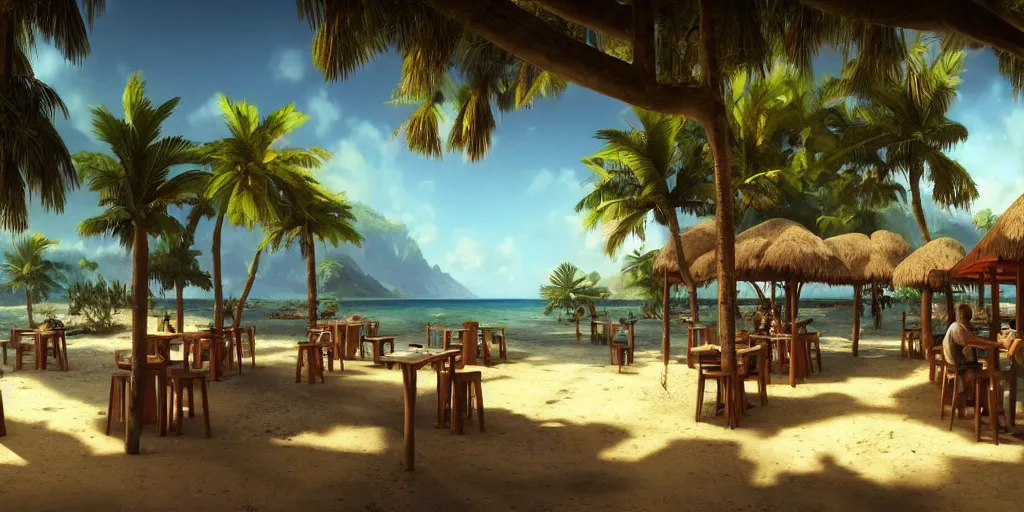 Image similar to a bar on a tropical island, pine trees, sunny, digital art, landscape, fantasy art, octane render, ureal engine, high detail, very realistic, by greg rutkowski. by james gurney