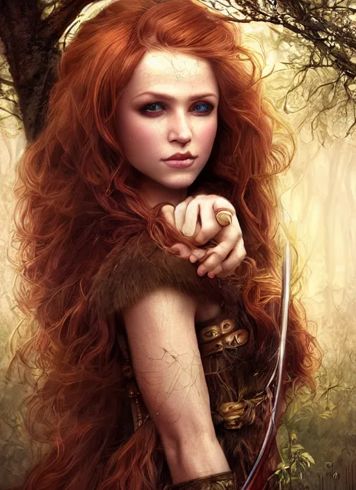 Image similar to a beautiful woman archer, 8 k, hyperrealistic, hyperdetailed, uhd, beautiful face, long ginger hair, dark fantasy, dark forest, fantasy portrait by laura sava