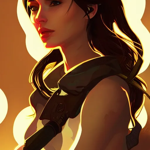 Image similar to Lara Croft, ambient lighting, 4k, alphonse mucha, lois van baarle, ilya kuvshinov, rossdraws, artstation