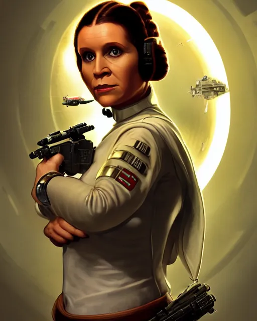 Image similar to portrait of princess leia on the millennium falcon, star wars, gta v, hyper realistic, glamorous pose, ambient lighting, concept art, intricate, hyper detailed, smooth, action, volumetric lighting, george lucas, arney fretag, ralph mcquarrie, octane