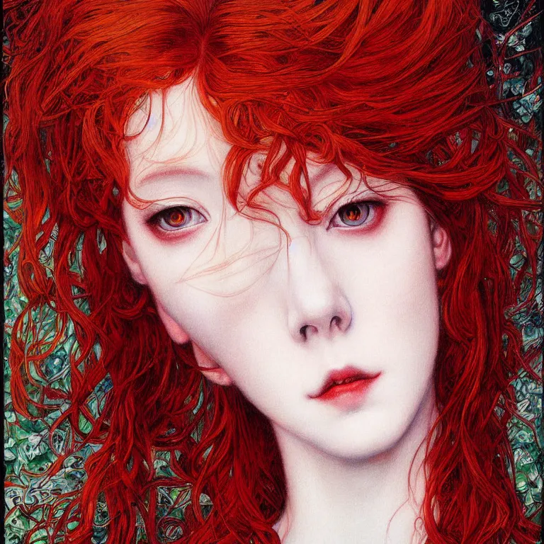 Prompt: portrait of a young red haired woman painted by ayami kojima