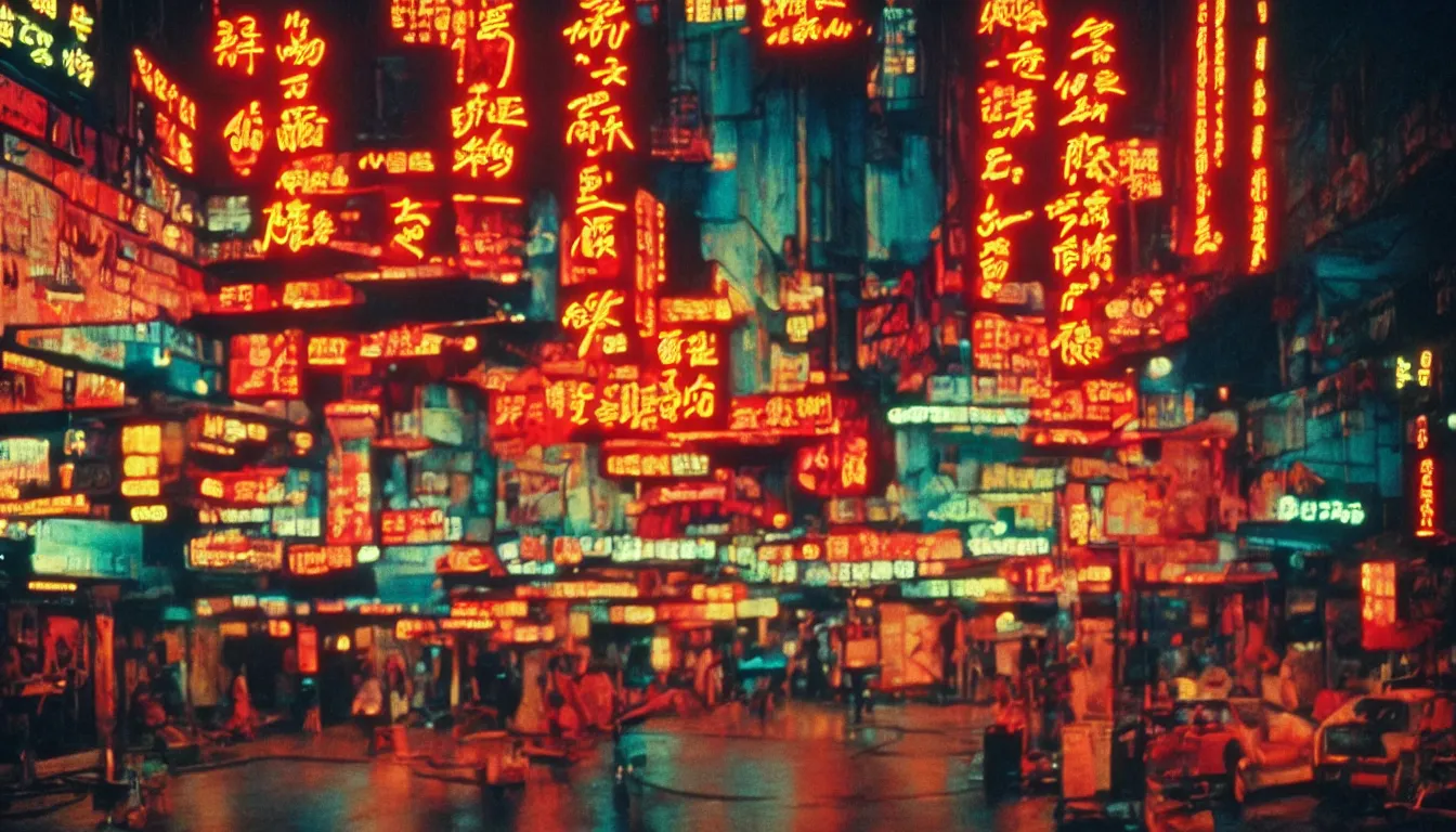 Image similar to 8 0 s asian neon movie still, medium format color photography, blurred background, movie directed by kar - wai wong, hyperrealistic, photorealistic, high definition, highly detailed, tehnicolor, anamorphic 5 0 mm lens