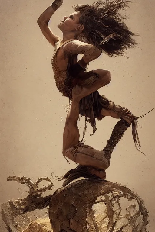 Image similar to a full body portrait of a beautiful post apocalyptic offworld desert gymnast leaping in ballet dance pose by the emerald oasis pools, intricate, elegant, highly detailed, digital painting, artstation, concept art, smooth, sharp focus, illustration, art by krenz cushart and artem demura and alphonse mucha