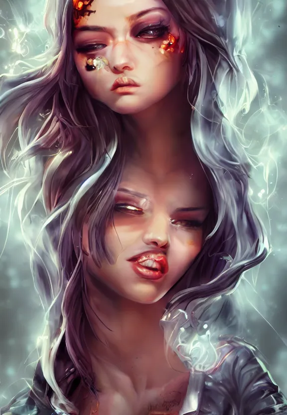 Image similar to full body illustration of a girl with eyes that burn like cigarettes wearing a mini skirt and a long jacket with fingernails that shine like justice, dramatic lighting, photorealistic, full body portrait, detailed anatomy, extreme detail, 4 k, colorful, confident, character concept art by artgerm and ben lo, octane render, detailed face, f / 2. 8