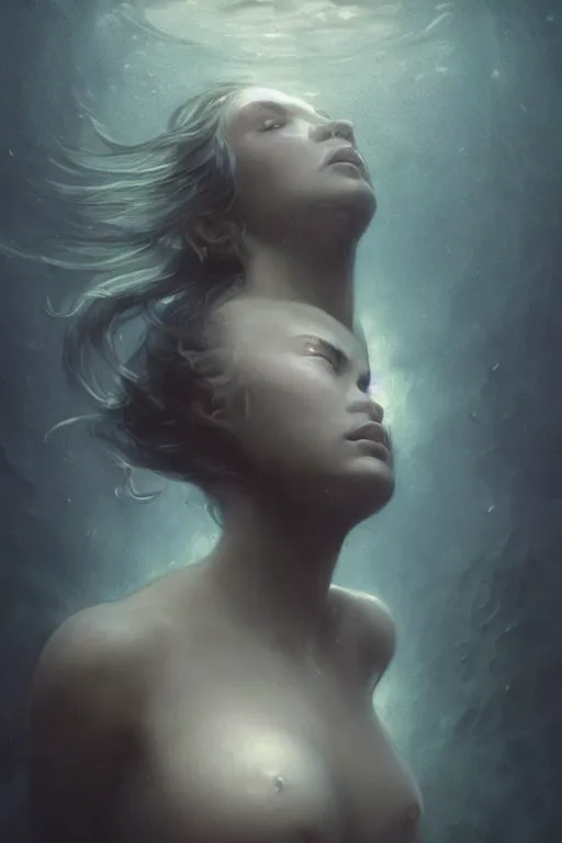 Image similar to floating in deep dark murky water!!!, underwater atmospheric mood, dark surreal mood! cinematic volumetric lights, bust portrait, dnd, fantasy, intricate, elegant, highly detailed, digital painting, artstation, concept art, smooth, sharp focus, illustration, art by artgerm and tom bagshaw and greg rutkowski and alphonse mucha