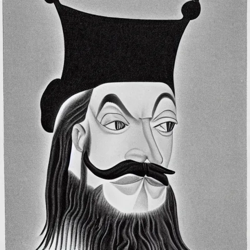 Prompt: Tall man with and goatee beard and wearing flamboyant hat in the style of Salvador Dali