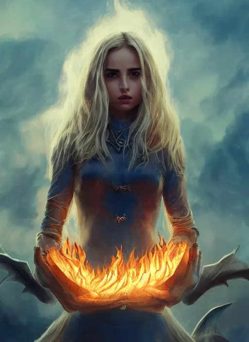 Image similar to evil pretty blond girl dragon surrounded by fire tornadoes, flawless symmetrical pretty cute face, ana de armas, hetrochromia, greg rutkowski, 8 k, shallow depth of field, intricate detail, concept art,