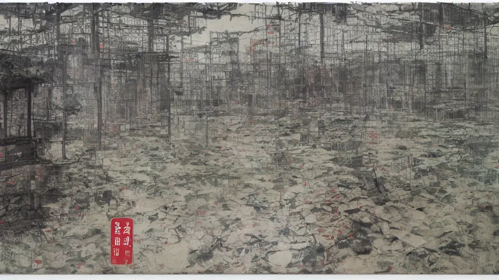 Image similar to a chinese prison near a river by peter doig, acid and grey colors, overlaid with chinese adverts