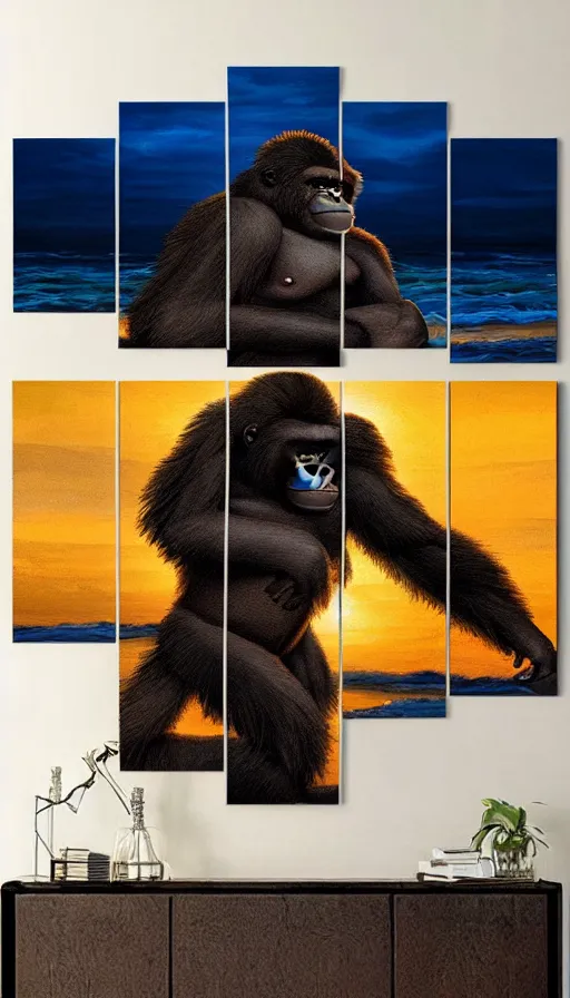 Image similar to Romanticism painting of a fuzzy gorilla on the beach, golden hour, dramatic lighting, volumetric lighting, intricately detailed, canvas print