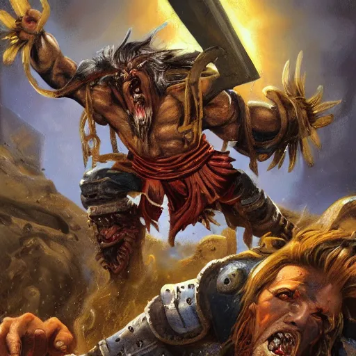 Image similar to realistic grom hellscream giving judas iscariot thirty pieces of silver