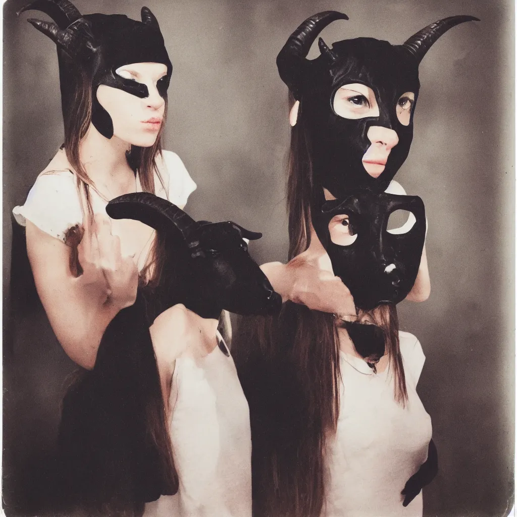 Prompt: polaroid of a girl with black goat mask, hyperrealistic