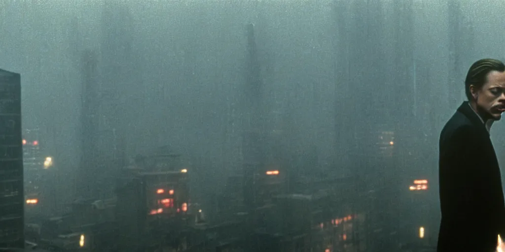 Image similar to beautiful cinematic film still of steve buscemi smoking a cigarette on a building top overlooking the rainy city in blade runner, 4 k