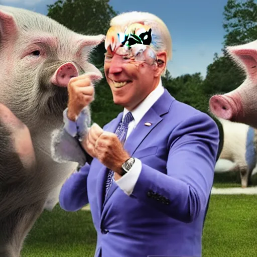 Image similar to joe biden dabbing in front of pigs