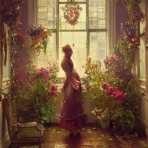 Image similar to a beautifull intricate oil painting of a victorian room with flowers, reflexions, verry high details by william turner art, greg rutkowski and alphonse mucha, trending on artstation, very very detailed, masterpiece, intense colours, wide lens,