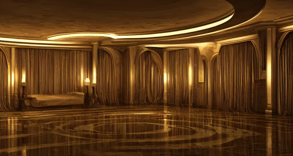 Image similar to an incredibly beautiful scene from a fantasy film featuring an art deco palace during a hurricane. recessed lights. large windows. lightning. 8 k uhd. trending on artstation.