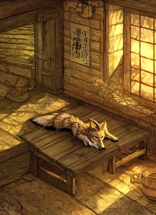 Image similar to cute coyote sleeping on a bench in a cozy tavern, hidari, color page, tankoban, 4K, tone mapping, Akihiko Yoshida.