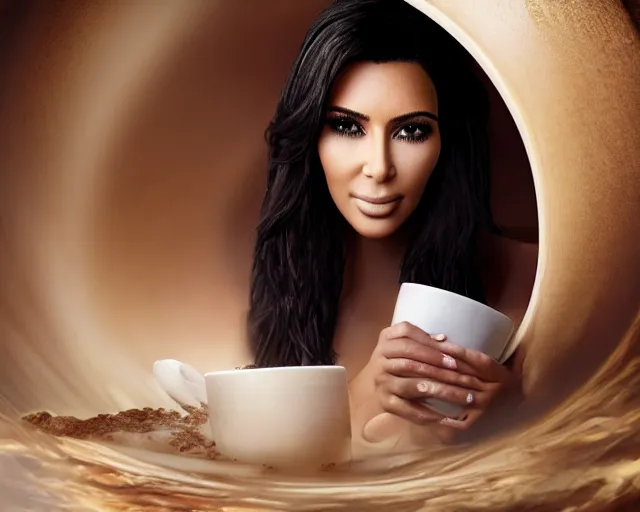 Image similar to Kim Kardashian inside a giant cup of coffee, cinematic, highly detailed, HD, 4K, professional image, professional lighting