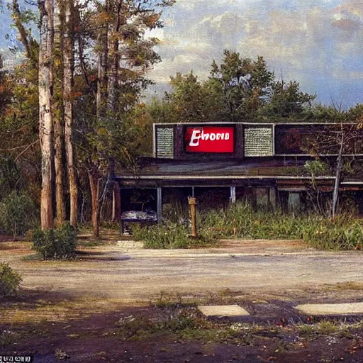 Image similar to a beautiful painting of an abandoned overgrown 7 - eleven by ivan shishkin, masterpiece