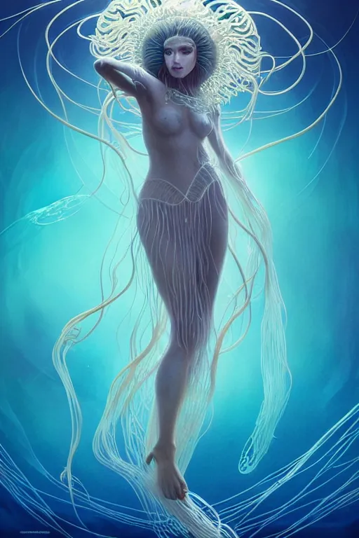 Image similar to beautiful spaghetti jellyfish goddess underwater, ethereal art deco, fantasy, intricate art deco ocean designs, elegant, highly detailed female, sharp focus, art by artgerm and beeple and greg rutkowski and wlop