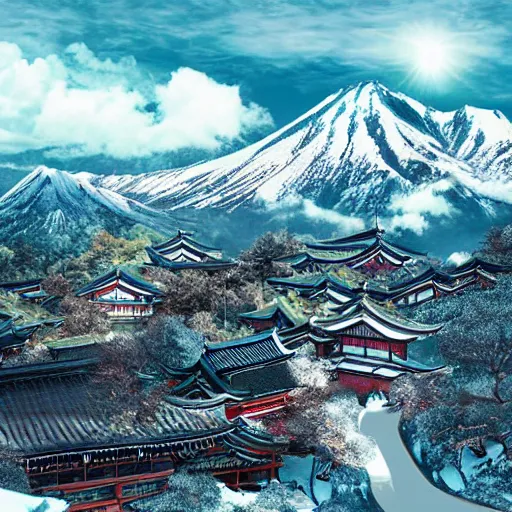 Image similar to photo realistic landscape of a Japanese village in the mountains, snow peaks. Dragon flying by